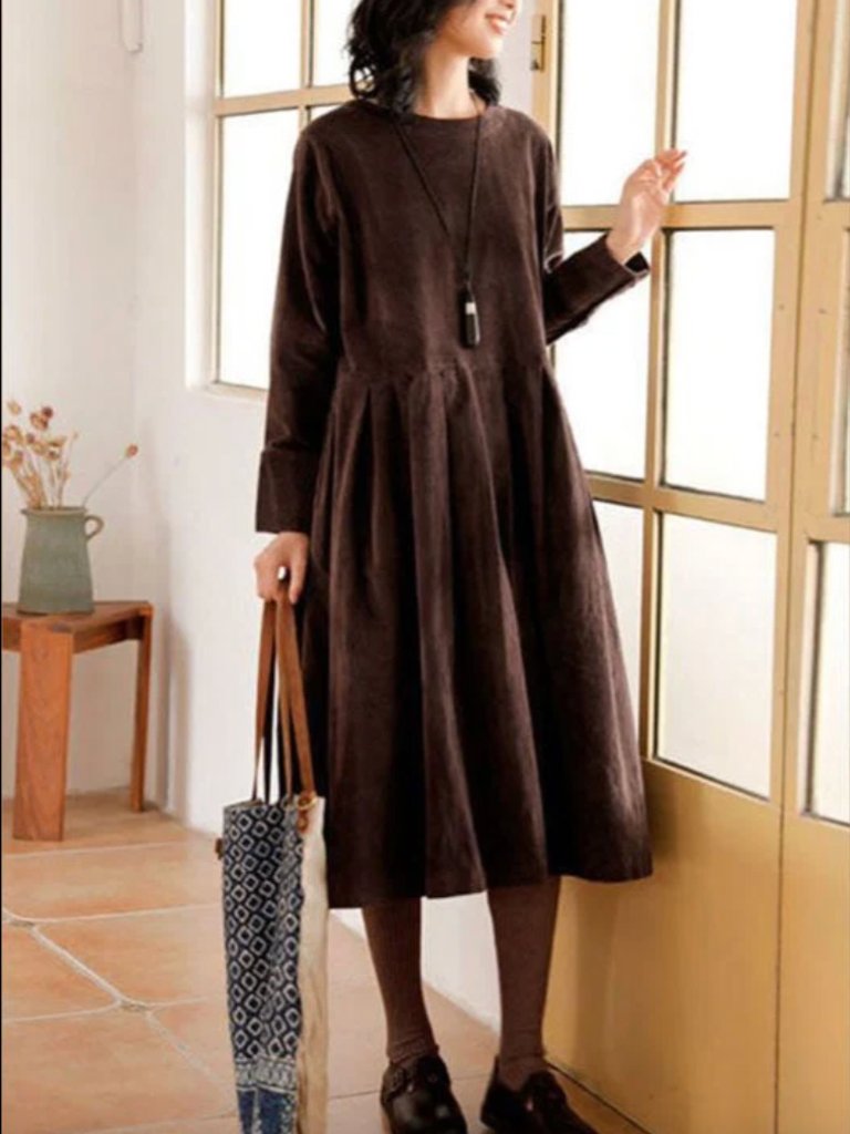 Soolinen Corduroy Dress Pockets Button Patchwork Fall Dress Long Sleeve L Brown — image 2 of 4